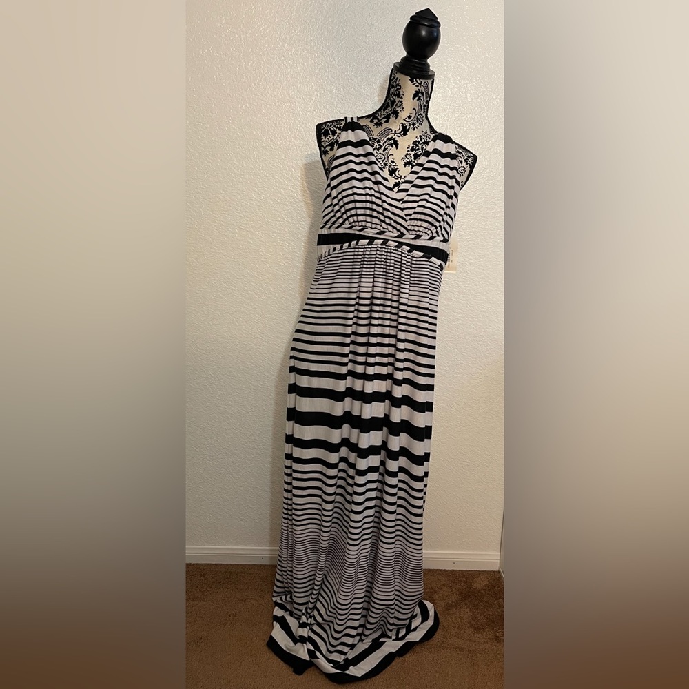 🌞John Paul Richard Surplice Black & White Striped Maxi Dress